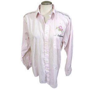 Las Olas Womens Button Up Shirt Size Med Long Sleeve Pink Striped Embroidered